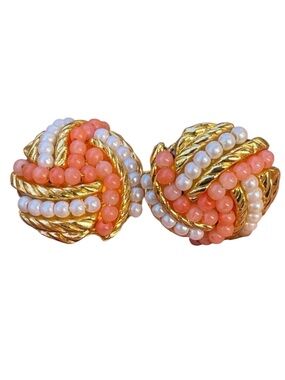 Vintage 1960s Avon Faux Salmon Coral & Pearl Gold Tone Stud Earrings
